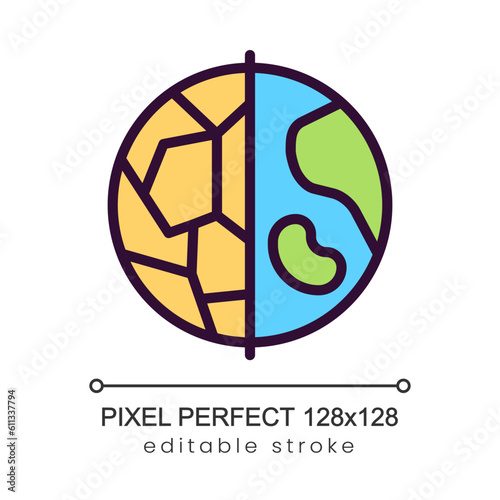 Stop Earth desertification pixel perfect RGB color icon. Global water sources protection. Ecosystem. Isolated vector illustration. Simple filled line drawing. Editable stroke. Poppins font used