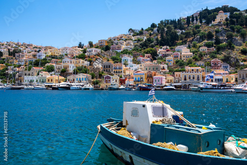A Beautiful View of the Colorful Neo-Classical Houses in the Harbor of Symi, Greece