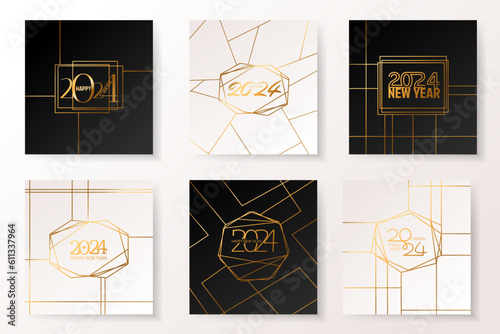 Golden 2024 numbers with geometrical polyhedron art decoration. 2024 Happy New Year elegant design set