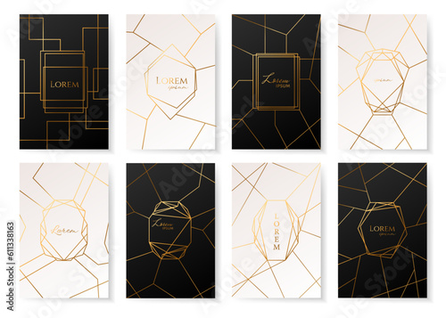 Gold collection with geometrical polyhedron art decoration style for wedding invitation. Luxury elegant templates, decorative patterns