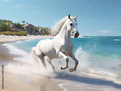 Beautiful horse run along the shore of the sea. Generative AI.