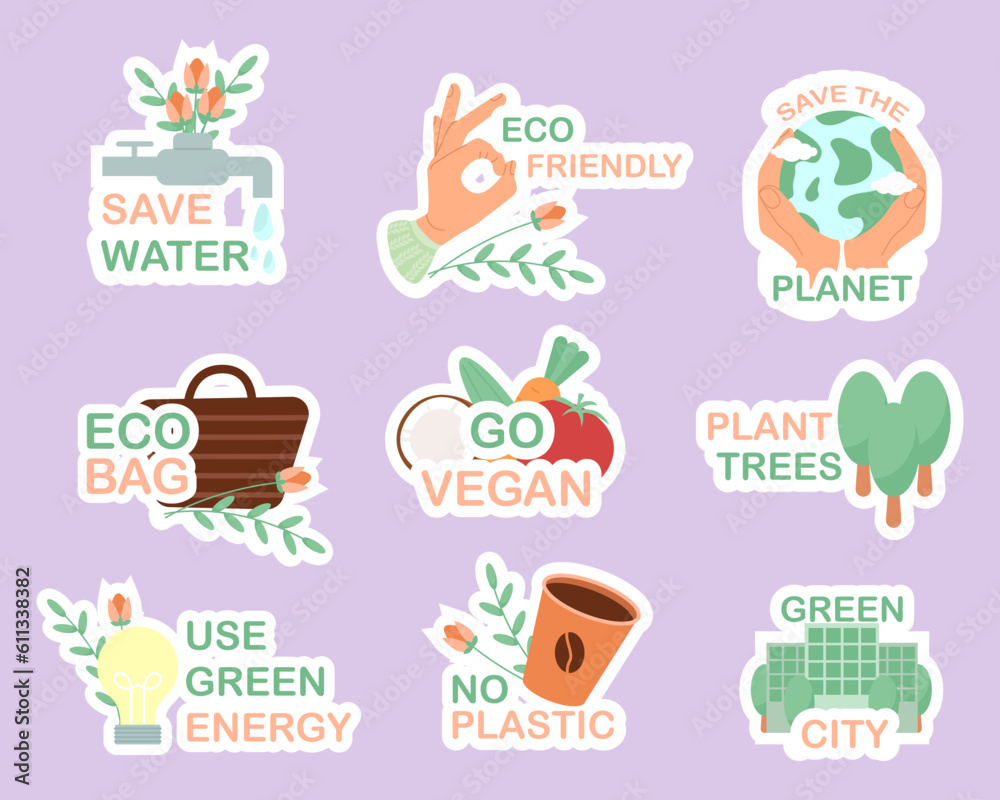 Fototapeta premium Collection of ecology, vegan stickers. Slogans no more plastic, save planet, use your bag. Reuse Recycle. Vector illustration EPS10