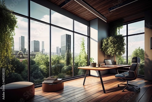 stunning office with floor-to-ceiling windows and view of the city, surrounded by greenery, created with generative ai