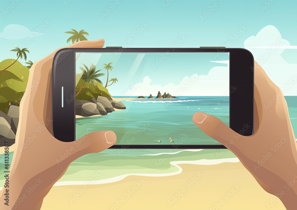 Smartphone photography at the tropical beach. Phone in hands. Generative Ai illustration