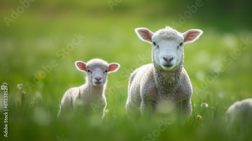 young lamb and mother look at the camera. generated ai