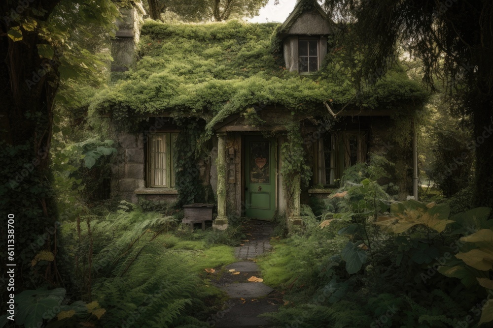 abandoned cottage, surrounded by overgrown gardens and moss-covered walls, created with generative ai