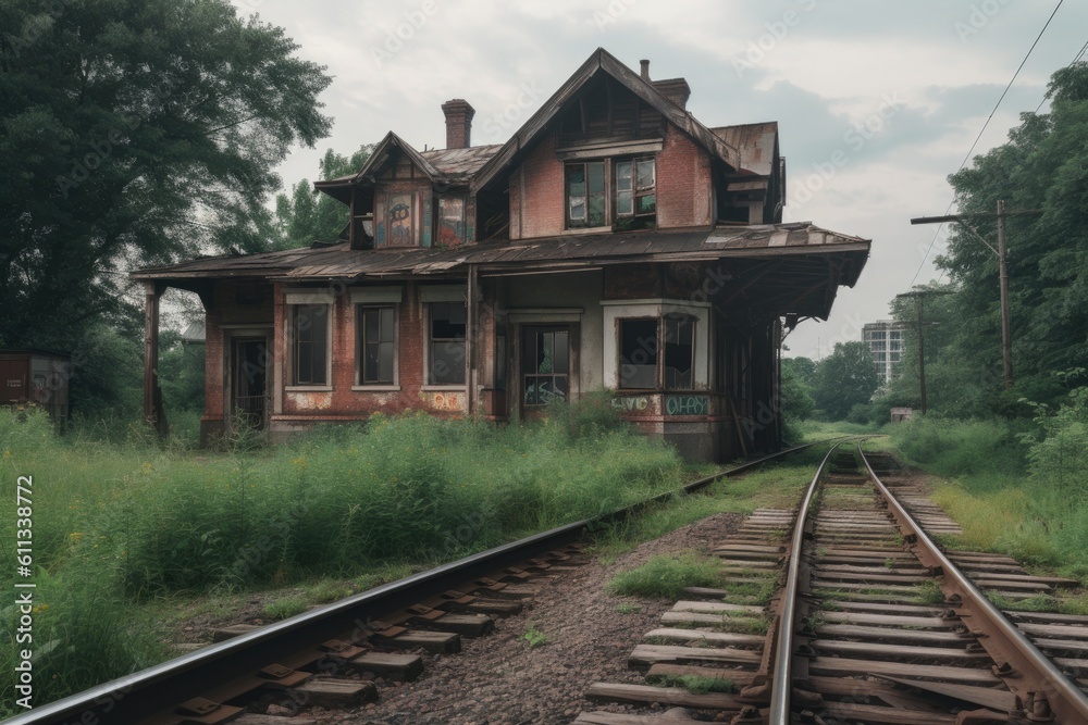 abandoned railway station, with old train cars and tracks left behind, created with generative ai abandoned railway station, with old train cars and tracks left behind, created with generative ai
