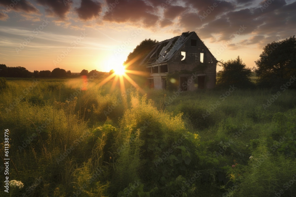 abandoned barn surrounded by overgrown fields, with the sun setting in the distance, created with generative ai abandoned barn surrounded by overgrown fields, with the sun setting in the distance, created with generative ai