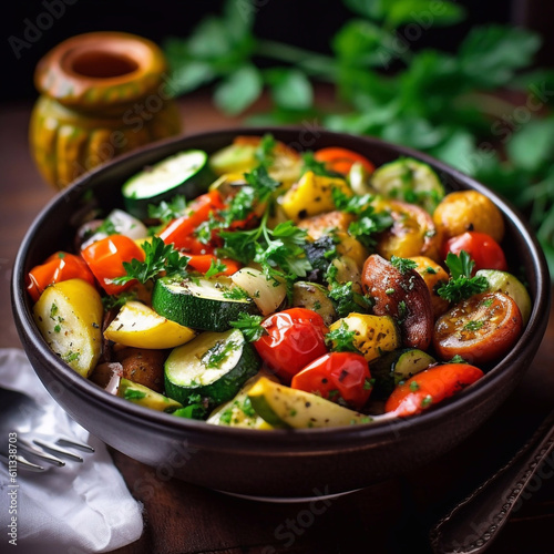 Baked vegetables salad with fresh parsley. Generative AI © Алена Ваторина