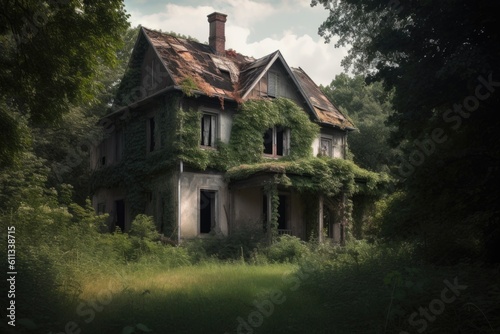 old farmhouse with overgrown yard, surrounded by trees and silence, created with generative ai