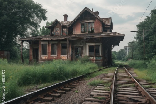 abandoned railway station, with old train cars and tracks left behind, created with generative ai