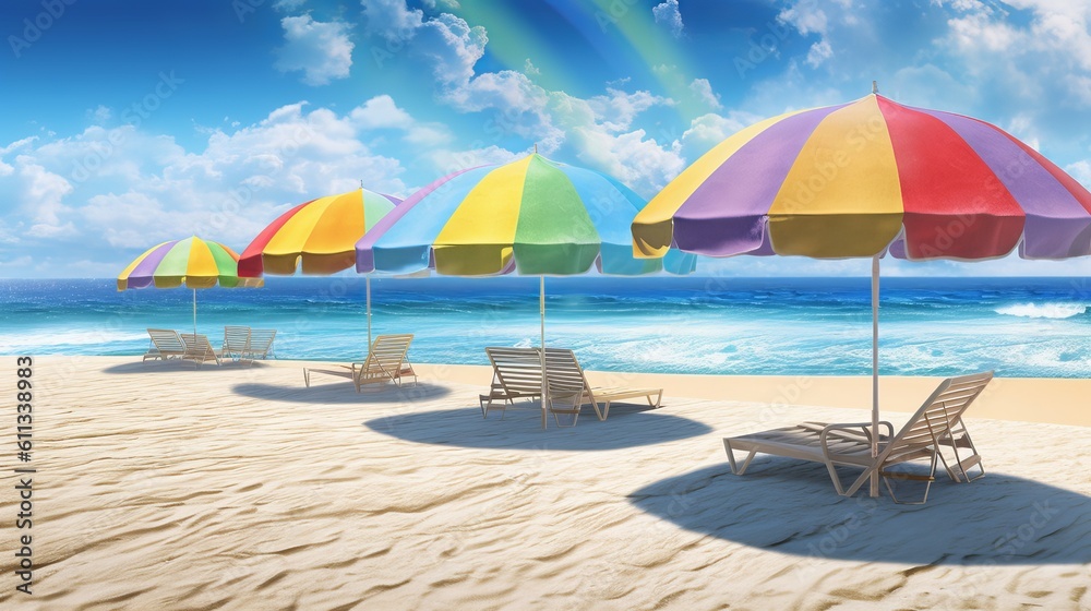 umbrella on the beach, Indulge in the allure of summer with ultra detail HD backgrounds that transport you to idyllic sunny beach with golden sand and vibrant umbrellas, Generative AI