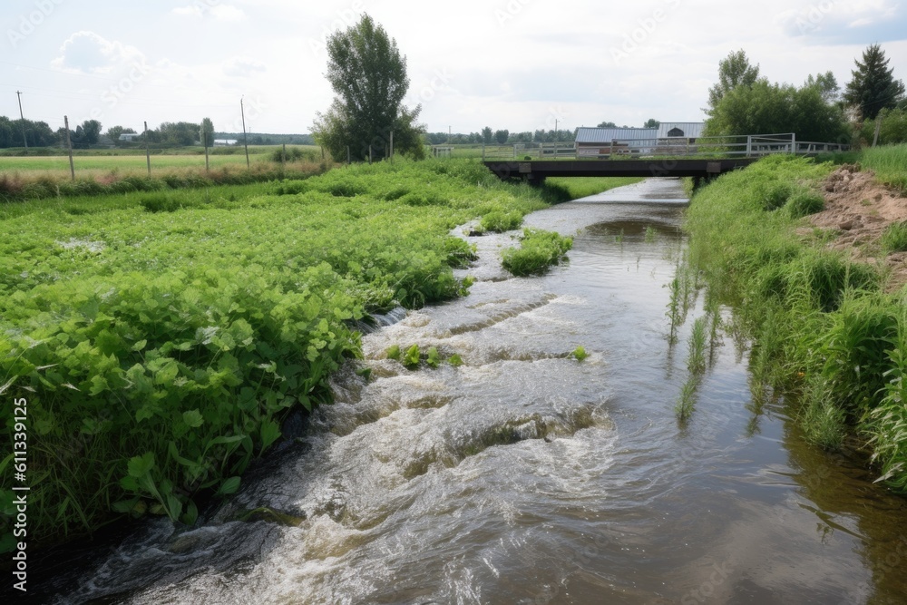 agri runoff entering a river, with fish and water plants visible, created with generative ai agri runoff entering a river, with fish and water plants visible, created with generative ai