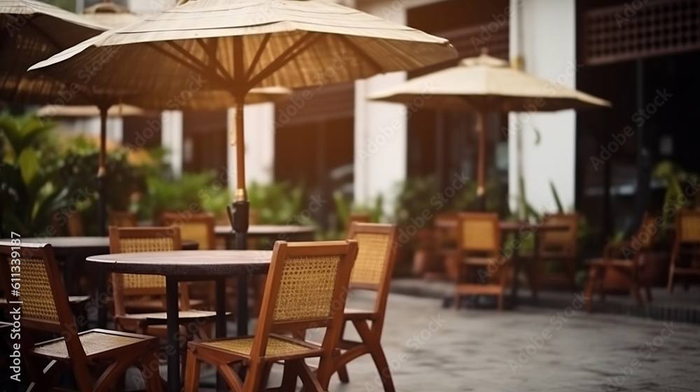 Fototapeta premium Cafe or restaurant tables and chairs outside with umbrella at morning. Generative ai.
