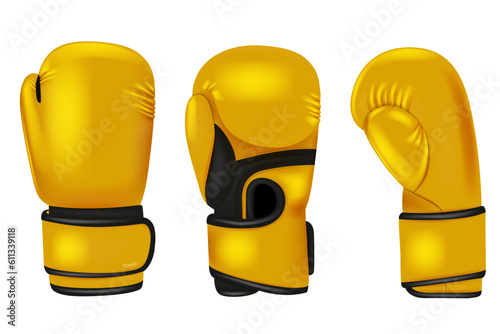 Color boxing gloves. Sport professional equipment for punch boxers decent. Realistic professional accessories. 3d isolated objects utter vector set