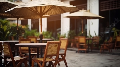 Cafe or restaurant tables and chairs outside with umbrella at morning. Generative ai.