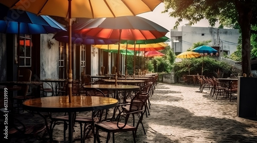 Cafe or restaurant tables and chairs outside with umbrella at morning. Generative ai.
