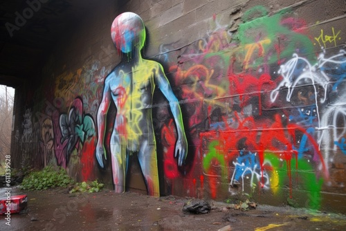 alien figure with spray paint, creating abstract artwork on city wall, created with generative ai