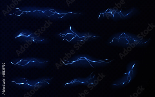 Lightning, electric thunderbolt strike, red impact, crack, magical energy flash. Night thunderstorm rays, electric power charge and thunder strike isolated vector set