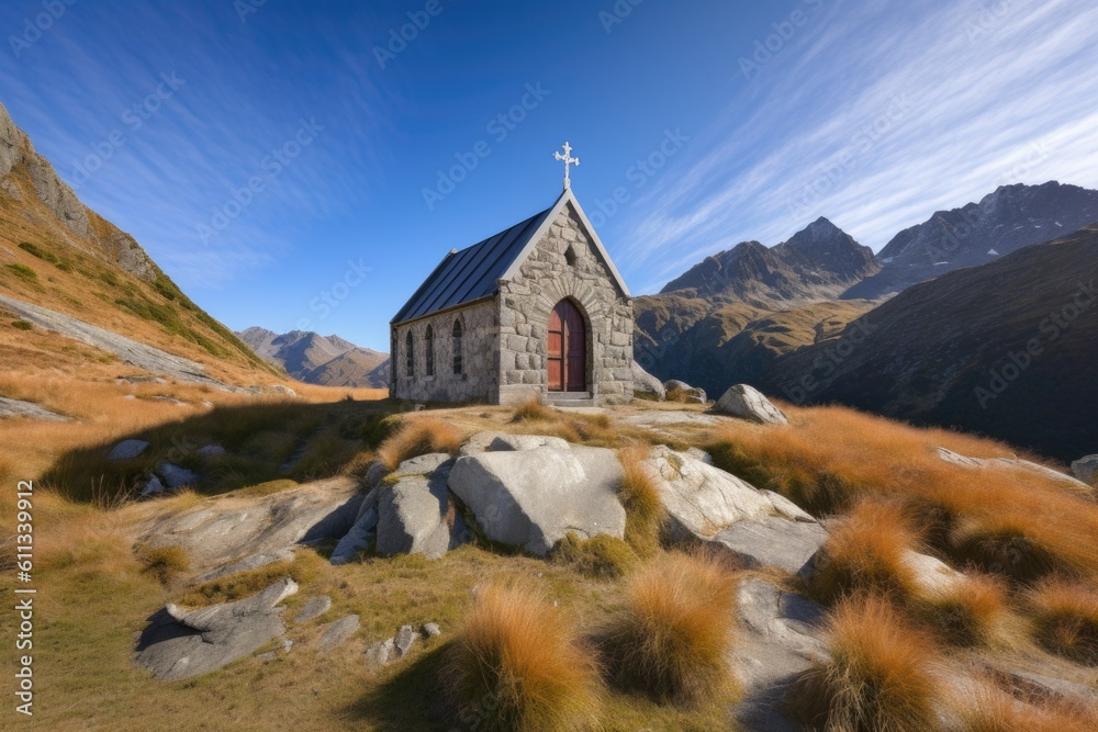 beautiful chapel, surrounded by mountains and clear blue skies, created with generative ai