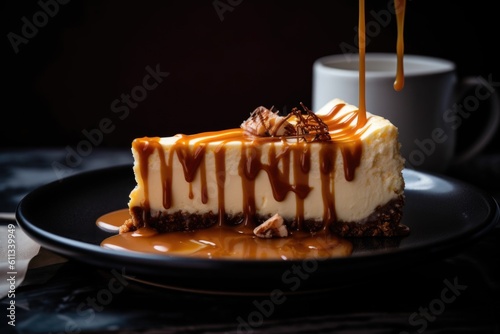 slice of cheesecake, with drizzle of warm caramel sauce, created with generative ai
