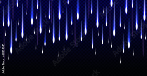 Realistic blue light effect of meteor rain in sky. Meteorites on transparent background, Realistic 3d vector illustration. Fireballs falling with glowing trails.