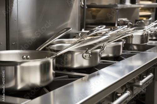 close-up of stainless steel range  with pots and pans in view  created with generative ai
