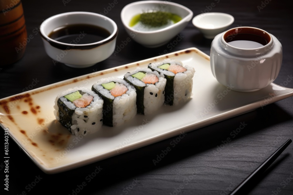 plate of sushi roll, drizzled with wasabi sauce and accompanied by traditional green tea, created with generative ai plate of sushi roll, drizzled with wasabi sauce and accompanied by traditional green tea, created with generative ai