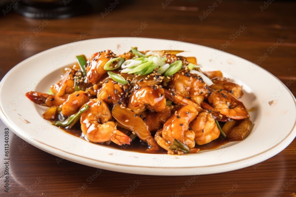 plate of chicken and shrimp, cooked in delicate sauce with ginger and sesame, created with generative ai