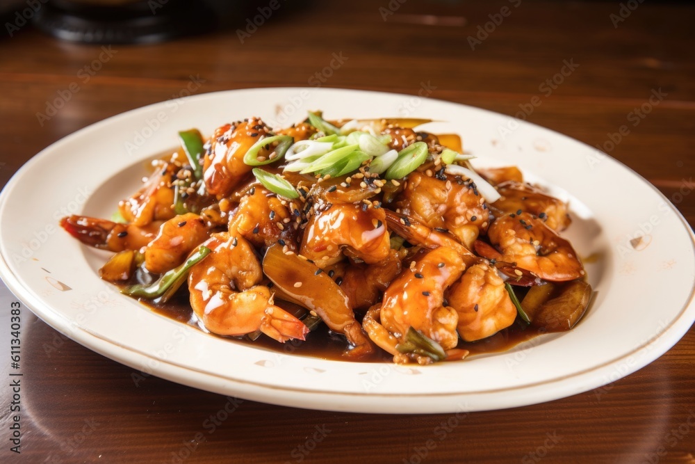plate of chicken and shrimp, cooked in delicate sauce with ginger and sesame, created with generative ai plate of chicken and shrimp, cooked in delicate sauce with ginger and sesame, created with generative ai