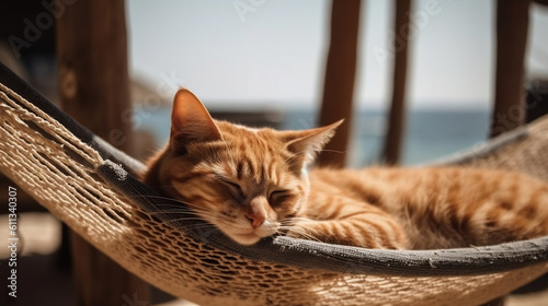 Cat sleep on a Hammock bed and sunbathing. Funny beach vacation with animal background. Generative ai. © Aiakos