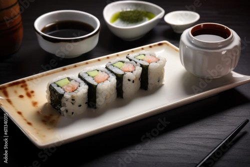 plate of sushi roll, drizzled with wasabi sauce and accompanied by traditional green tea, created with generative ai