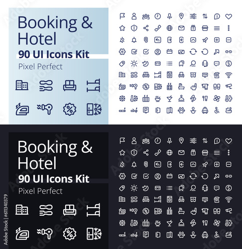 Booking and hotel pixel perfect linear ui icons kit for dark, light mode. Accommodation for tourist. Outline isolated user interface elements for night, day themes. Editable stroke. Poppins font used