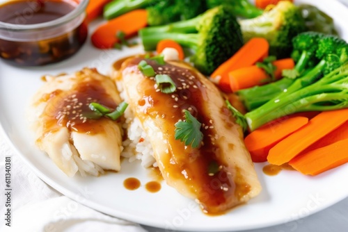 white plate with side of fish fillet and veggies, drizzle of asian sauce, created with generative ai