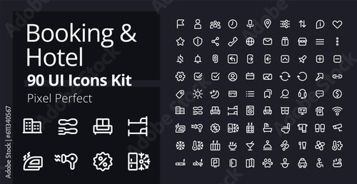 Booking and hotel pixel perfect white linear ui icons kit for dark theme. Accommodation. Isolated user interface symbols for night mode. Vector line pictograms. Editable stroke. Poppins font used