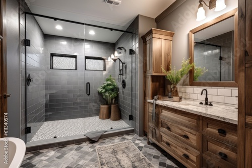 a stylish bathroom remodel with new fixtures, flooring and shower, created with generative ai