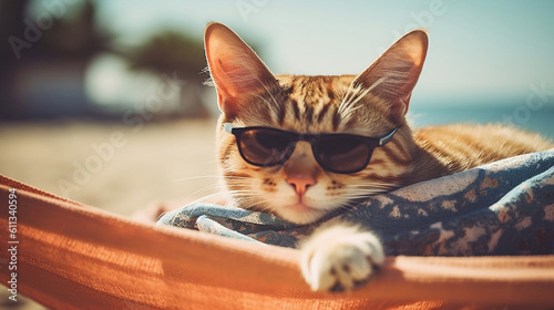 Cat wearing sunglasses sleep on a Hammock bed and sunbathing. Funny beach vacation background. Generative ai.