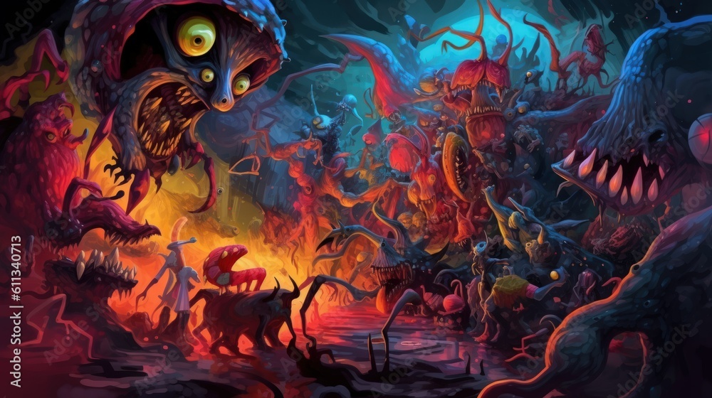 Fototapeta premium Colorful Surreal Nightmare Monsters Background & Wallpaper Digital Art. Generative AI illustration.