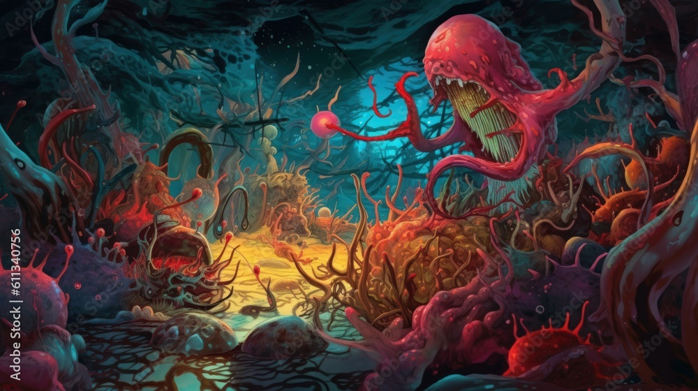 Fototapeta premium Colorful Surreal Nightmare Monsters Background & Wallpaper Digital Art. Generative AI illustration.