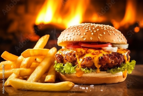 Fresh tasty chicken burger and french fries on wooden table on background photo