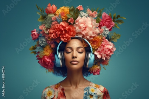 meditative portrait of a woman wearing headphones with flowers on her head, generative Ai