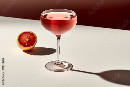 Alcoholic summer cocktail on a modern clean background with sunlight from the window. Generative AI