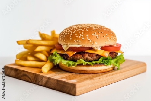 burger and french fries on wooden table on background with Generative AI.