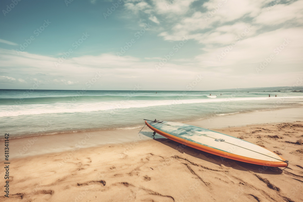 Surfboard on sand tropical beach, summer vacation background and water sport concept. Generative AI Surfboard on sand tropical beach, summer vacation background and water sport concept. Generative AI