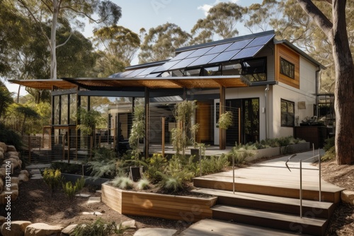 eco-friendly home with solar panels and rainwater harvesting system, created with generative ai