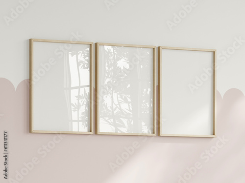 three vertical frames on the wall, girl room interior frame mockup, print mockup, baby room mockup, kids room mockup, nursery interior frame mockup, gallery wall mockup, pink wall mockup, 3d render