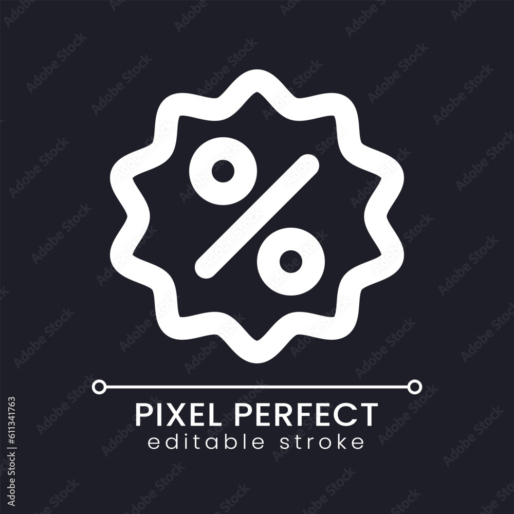 Discount pixel perfect white linear ui icon for dark theme. Special offer for customers. Vector line pictogram. Isolated user interface symbol for night mode. Editable stroke. Poppins font used Discount pixel perfect white linear ui icon for dark theme. Special offer for customers. Vector line pictogram. Isolated user interface symbol for night mode. Editable stroke. Poppins font used