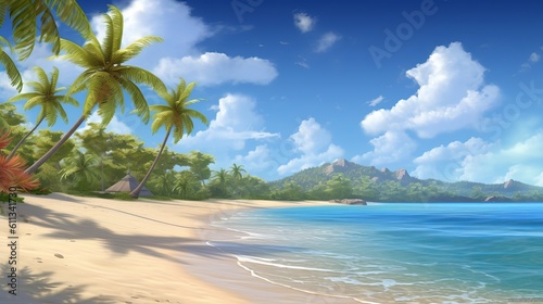 Escape to a tropical paradise with ultra detail HD backgrounds that capture the essence of sunny beach. The scene reveals a breathtaking coastal panorama  beach with coconut trees  Generative AI