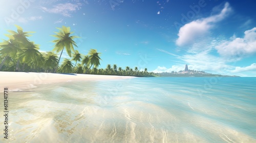Escape to a tropical paradise with ultra detail HD backgrounds that capture the essence of sunny beach. The scene reveals a breathtaking coastal panorama, beach with palm trees, Generative AI
