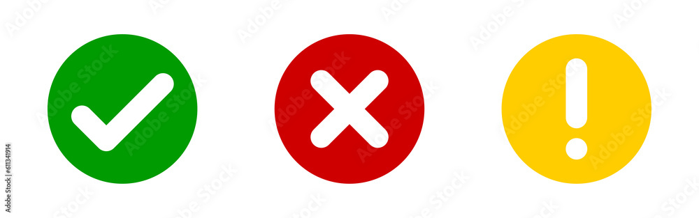 Check mark, cross, exclamation icon. Tick, check mark icons Check mark, cross, exclamation icon. Tick, check mark icons